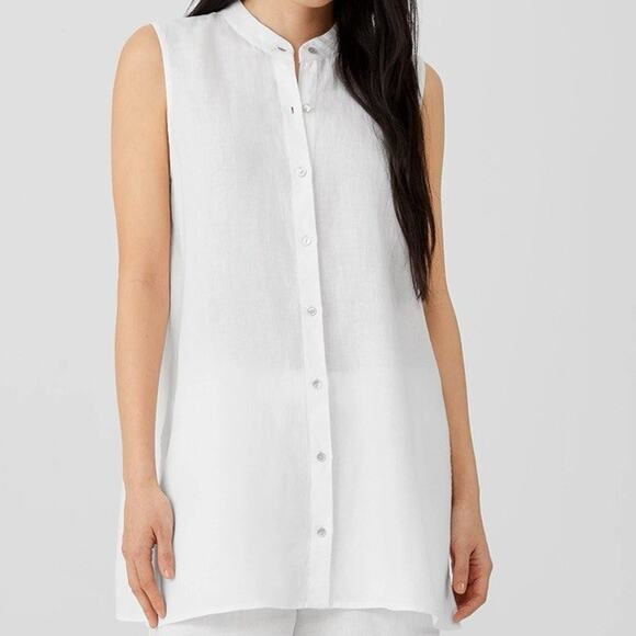 Eileen Fisher Organic Cotton White Sleeveless Button Front Tunic Top Coastal S